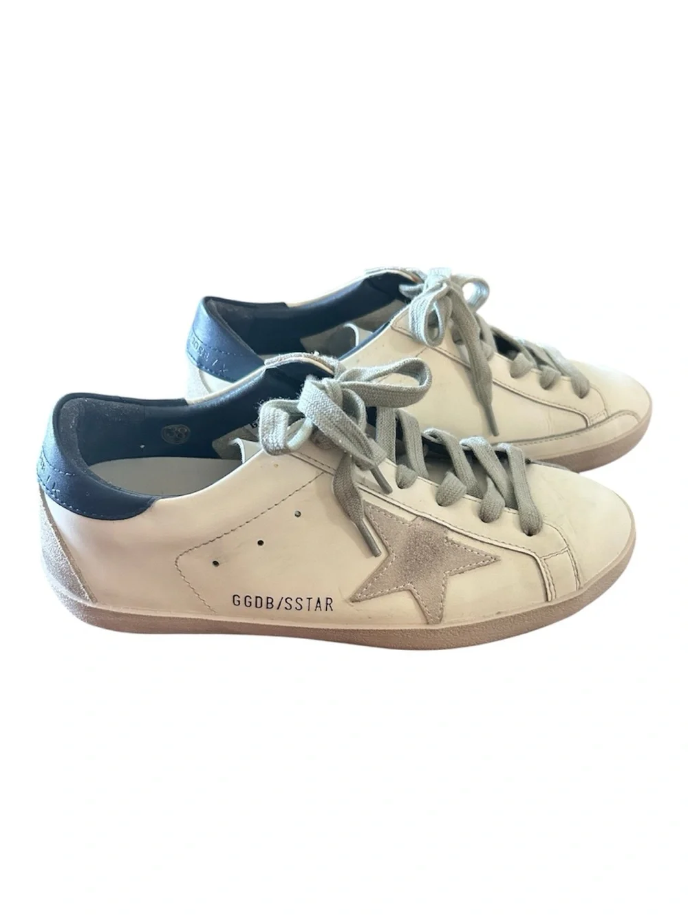 Golden Goose 38 Men’s 6 White Leather Sneakers with Navy Heel tab and Gray Star